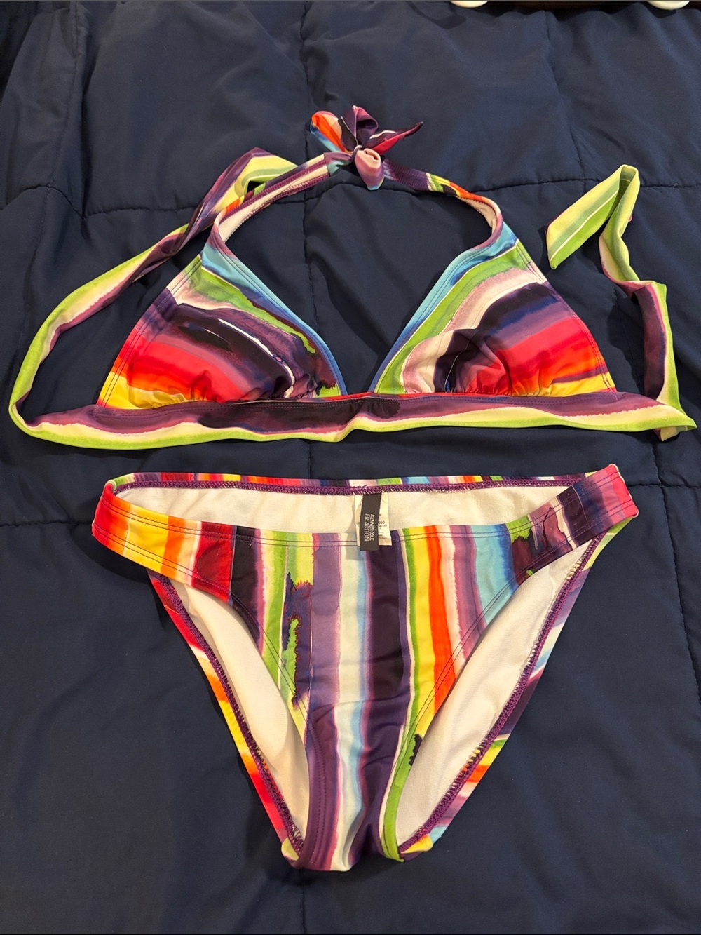 Kenneth Cole Reaction Multicolor Stripe Halter Bikini set Purple, Red, Yellow